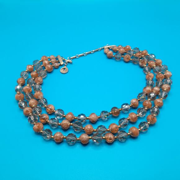 Vintage Lisner Topaz Beaded Necklace, 3 Strands, Crystal Lucite Beads, 17", 1950 - Picture 8 of 10